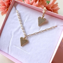 colar perola e cartier c/ coração cravejado