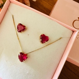 conjunto coração zirconia 10mm e corrente 40cm