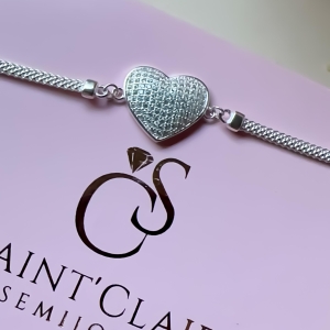 pulseira malha 16.5cm e ext 3cm com coração cravejado