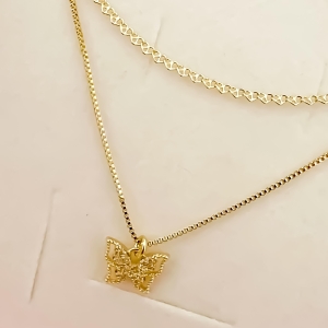 Colar duplo borboleta e elo coração com detalhe