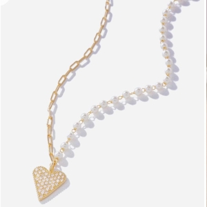 colar perola e cartier c/ coração cravejado