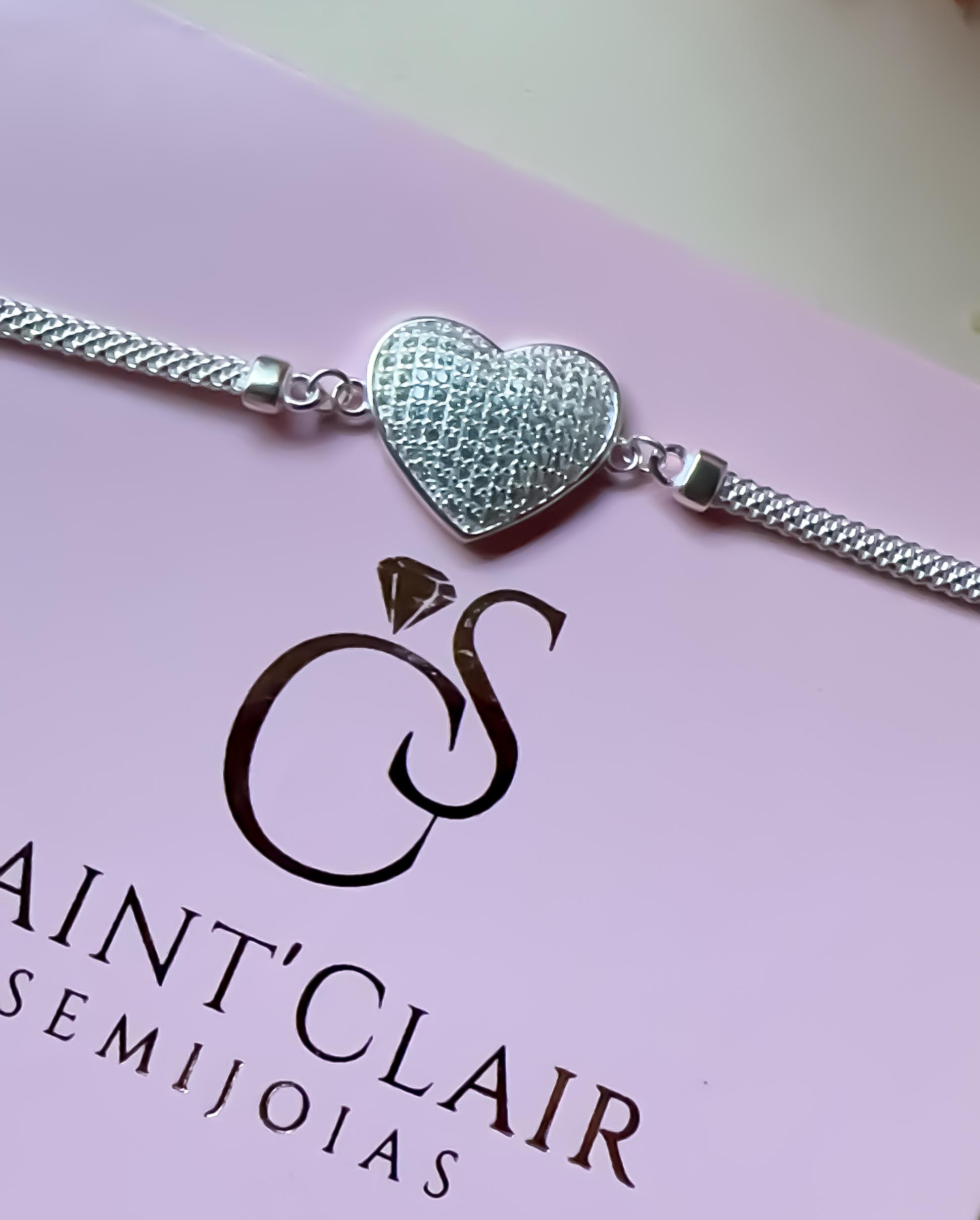 pulseira malha 16.5cm e ext 3cm com coração cravejado