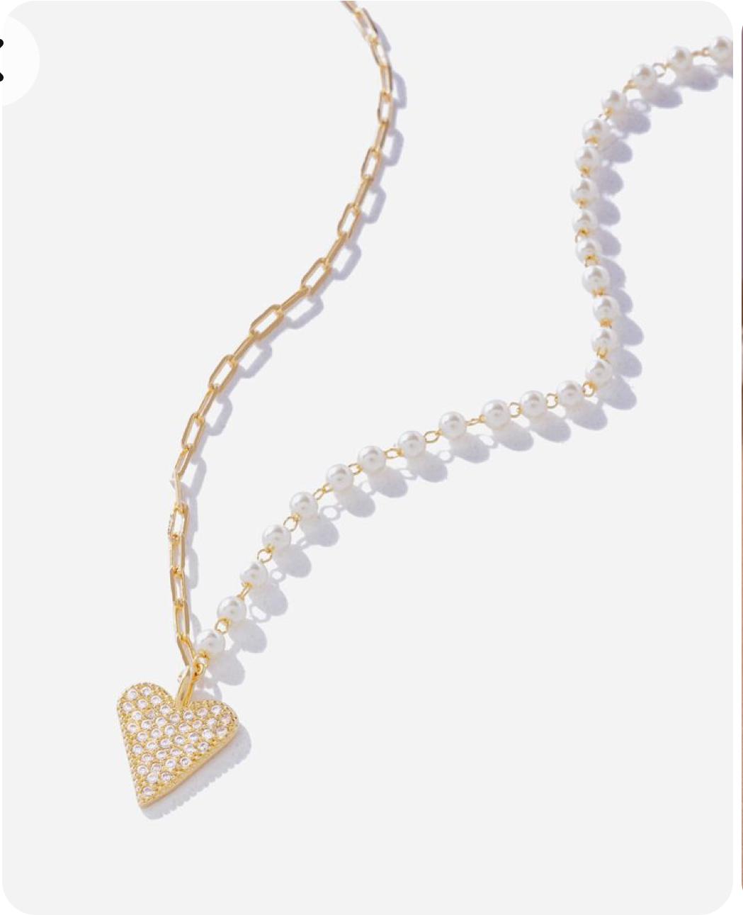 colar perola e cartier c/ coração cravejado