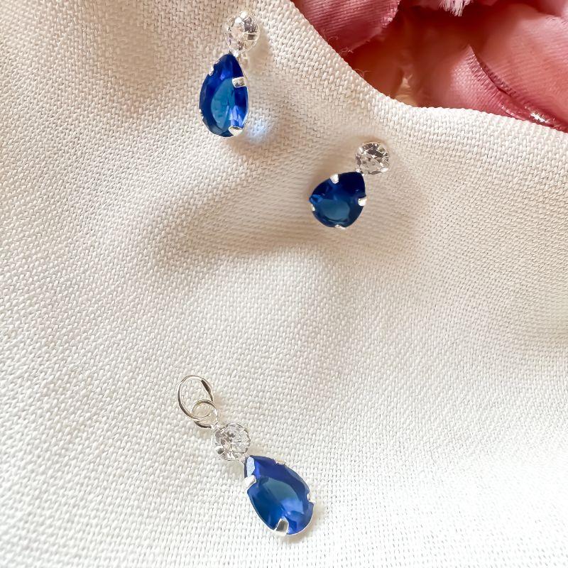 CONJUNTO ZIRCONIA GOTA 6MM AZUL BRINCO+ PINGENTE