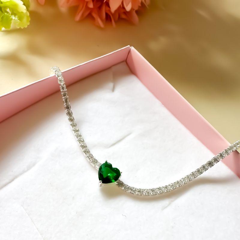 pulseira riviera 16.5cm com ext 3cm com coração zirconia verde