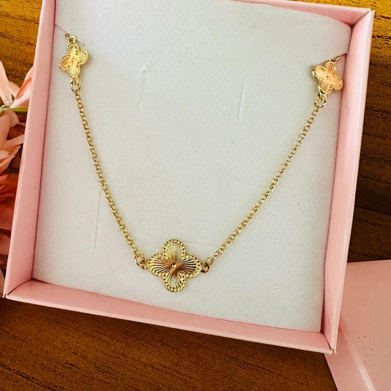 chocker 35cm elo portugues com 2 flor trevo estamparia c/ 10cm ext