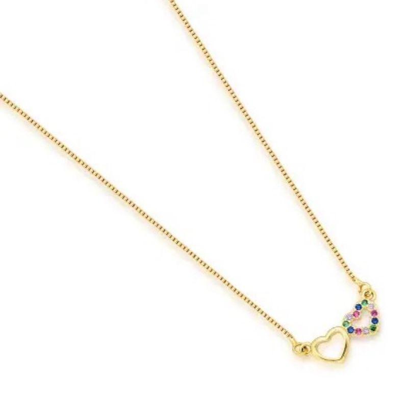 Colar veneziana  45cm com pingente dois corações liso e c/ zirconia colorida 5cm