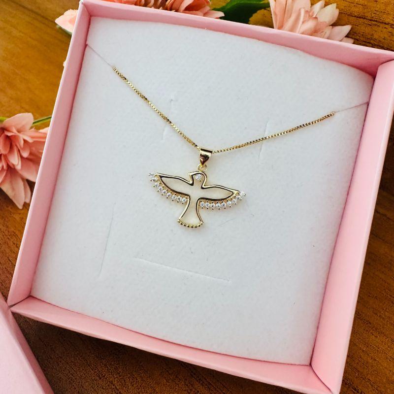 Colar espirito santo com detalhes em zirconia corrente 40cm c/ extensor 5cm pingente 2.1x1.7cm