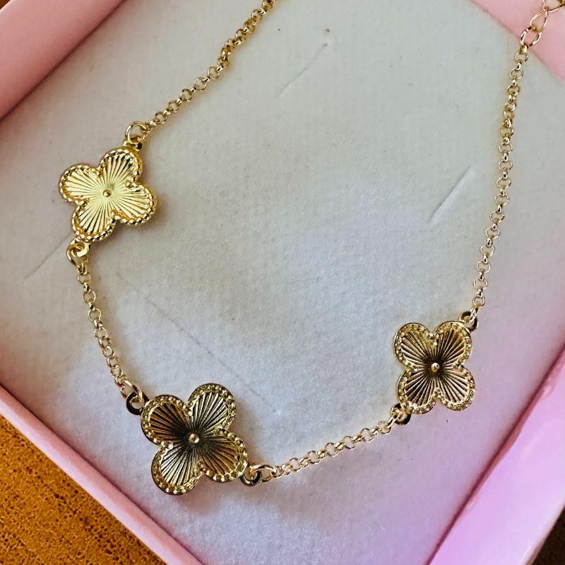 pulseira 3 flor trevo estamparia 1,5cm elo portugues 17cm+7cm ext